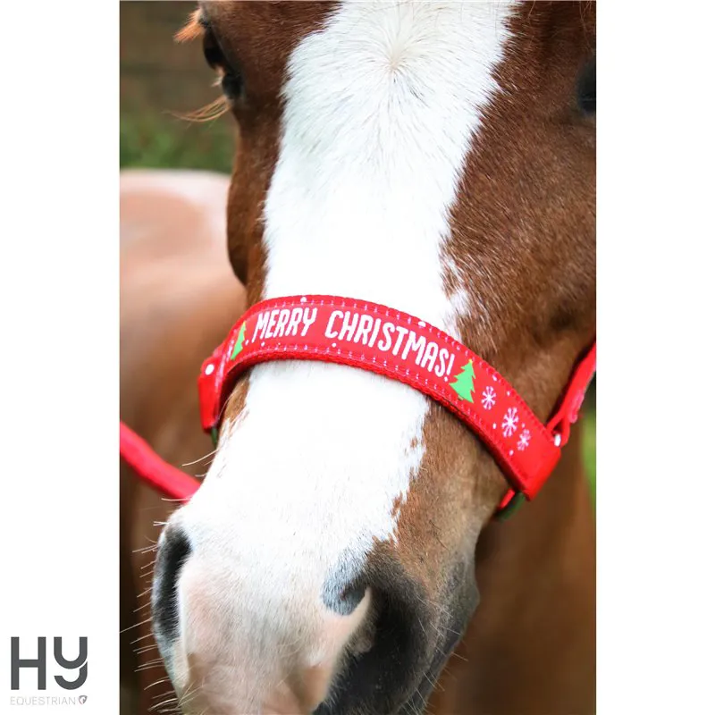 Hy Equestrian Christmas Merry Christmas Head Collar and Lead Rope - Red-1